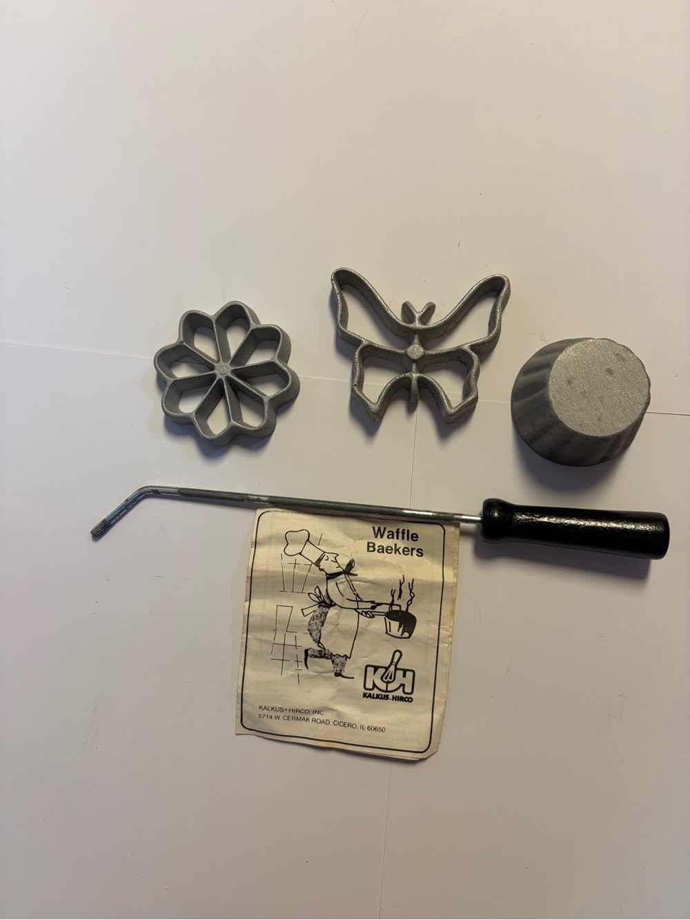 Vintage K&H Waffle Baekers Cast Iron Mold Set Rosette Iron Set Molds & Handle